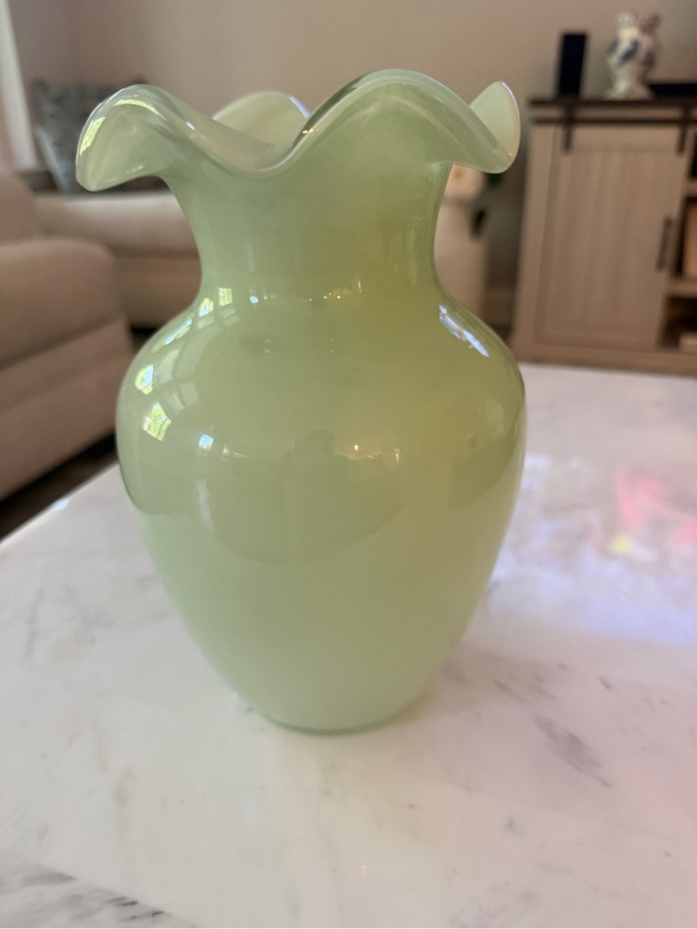 Handblown Light Green Glass Ruffled Vase